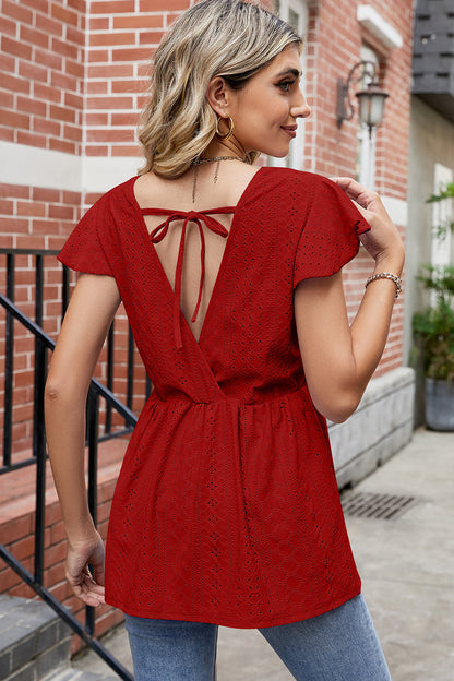 Tied Ruffled Round Neck Peplum T-Shirt-Angel Casuals