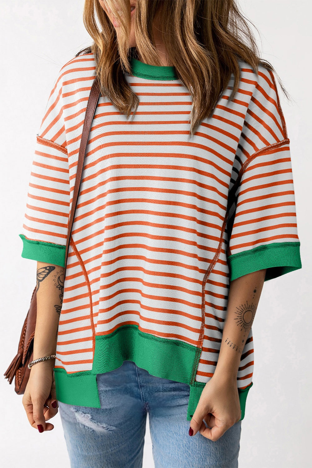 Striped Round Neck Half Sleeve T-Shirt-Angel Casuals