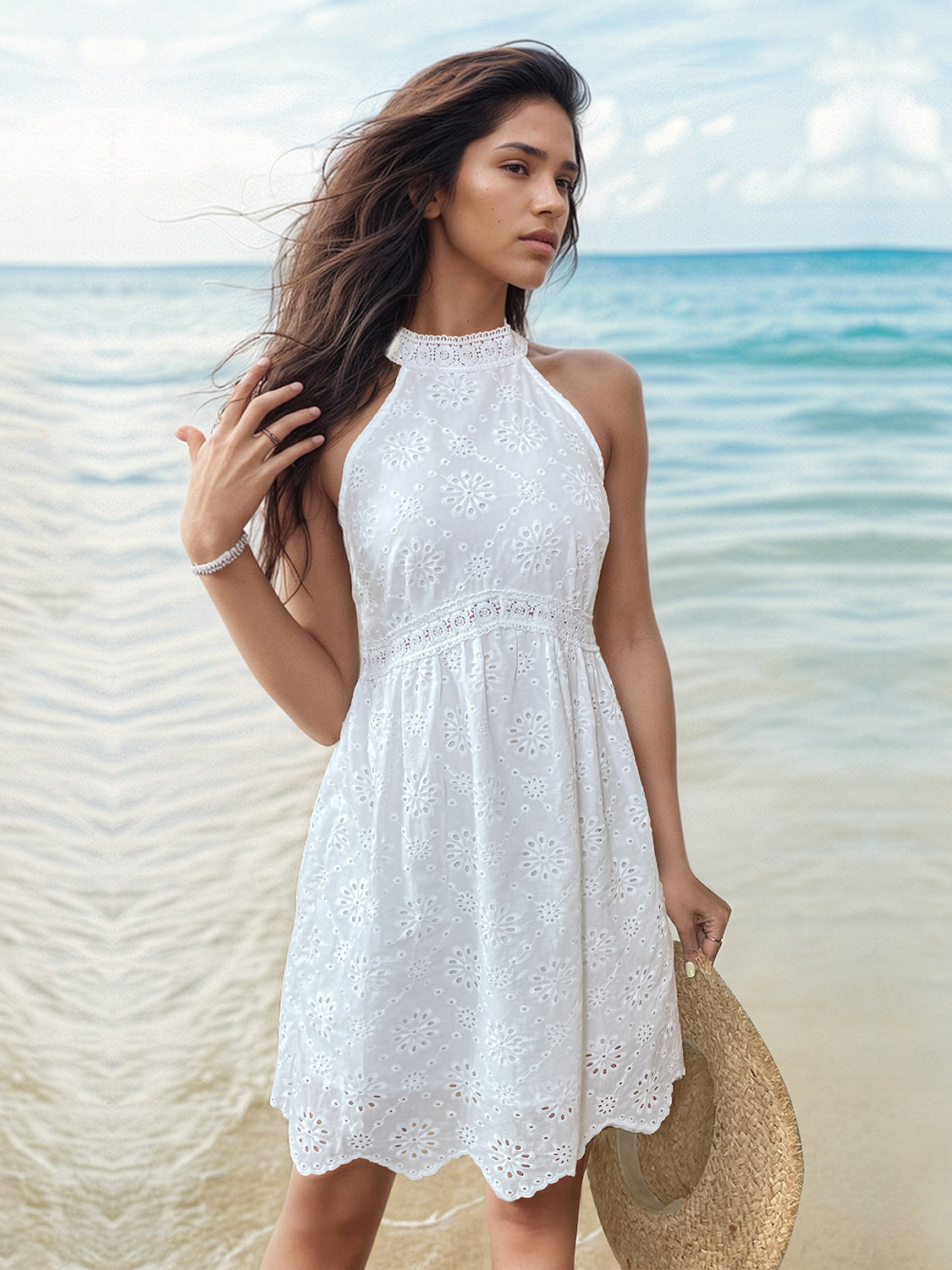 Eyelet Grecian Neck Mini Dress-Angel Casuals