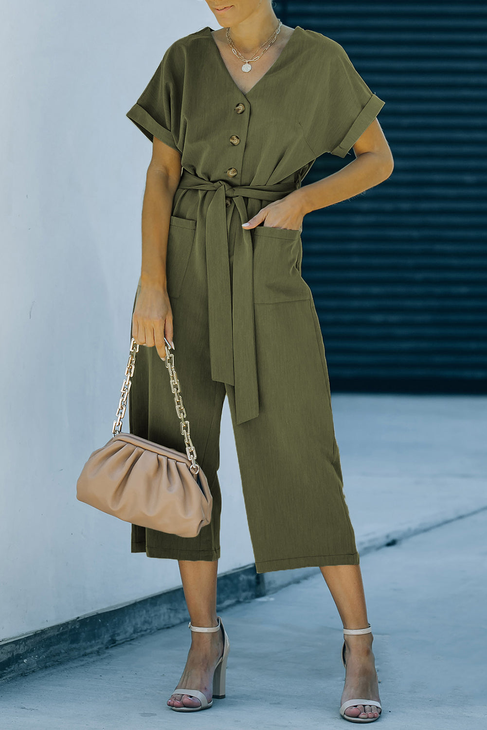 Tie-Waist Buttoned Cropped Jumpsuit-Angel Casuals