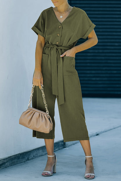 Tie-Waist Buttoned Cropped Jumpsuit-Angel Casuals