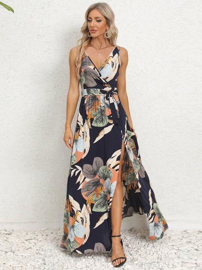 Slit Tied Printed Surplice Dress-Angel Casuals