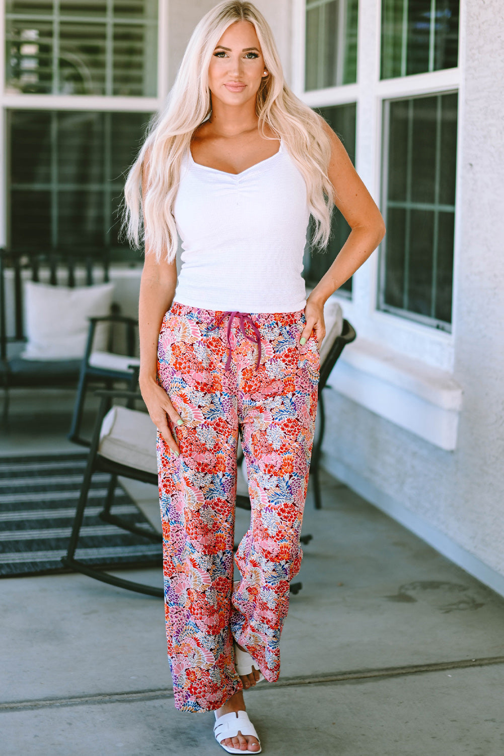 Printed Tie Waist Wide Leg Long Pants-Angel Casuals