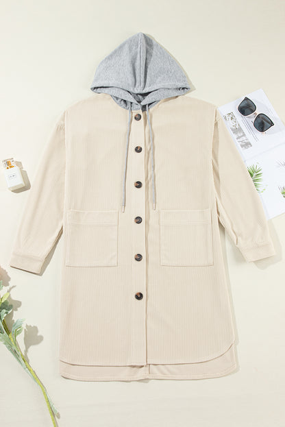 Drawstring Button Up Long Sleeve Hooded Jacket-Angel Casuals