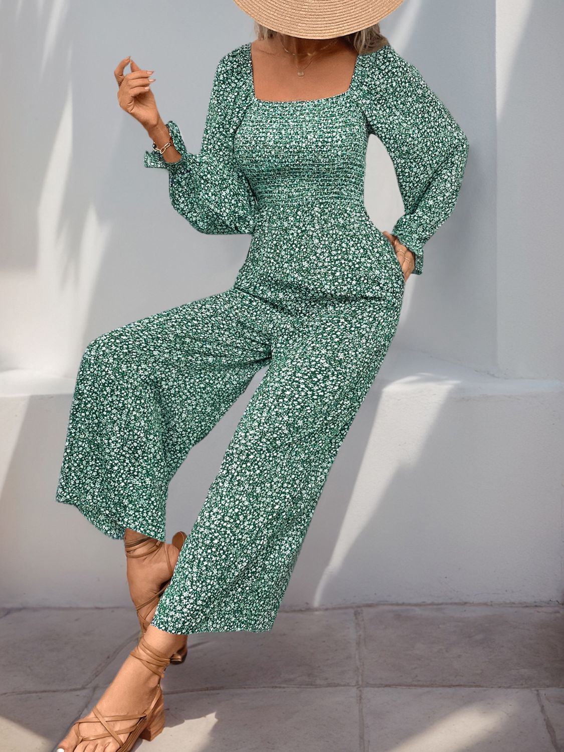 Perfee Smocked Printed Long Sleeve Wide Leg Jumpsuit-Angel Casuals
