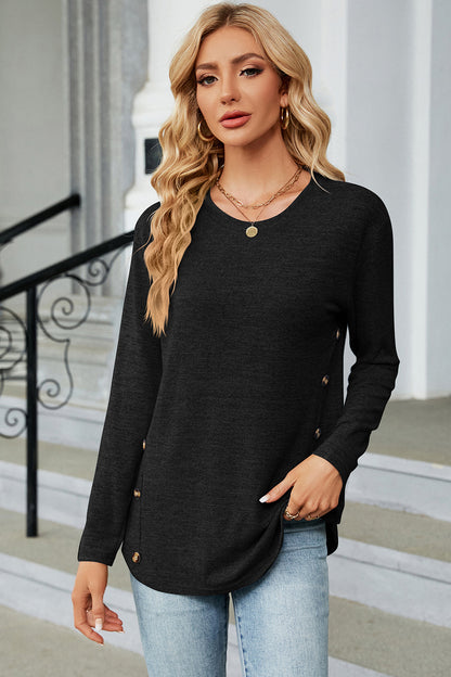 Decorative Button Round Neck T-Shirt-Angel Casuals