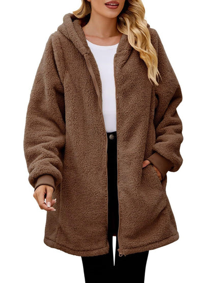 Fuzzy Pocketed Zip Up Long Sleeve Hooded Jacket-Angel Casuals