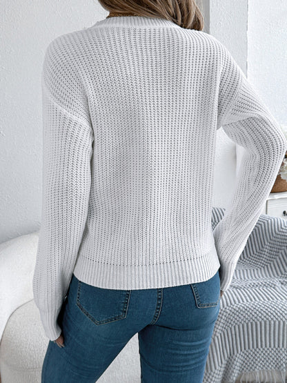 Openwork Round Neck Long Sleeve Sweater-Angel Casuals