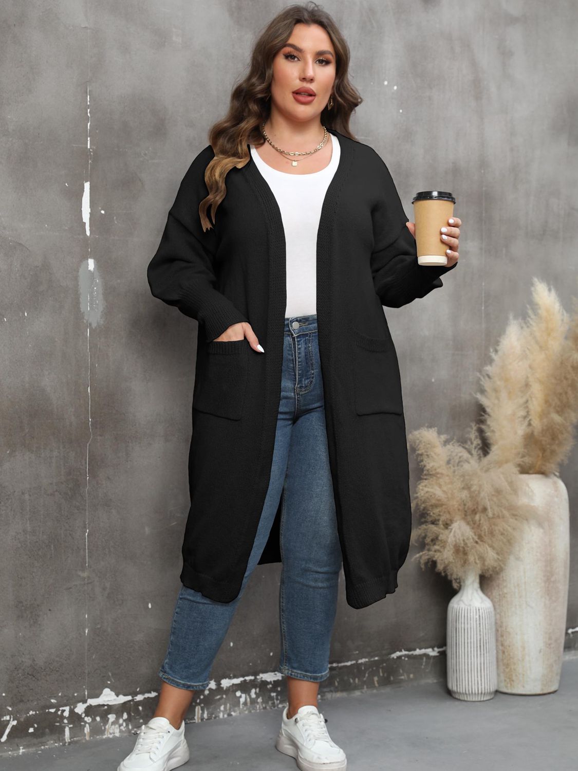 Plus Size Long Sleeve Pocketed Cardigan-Angel Casuals