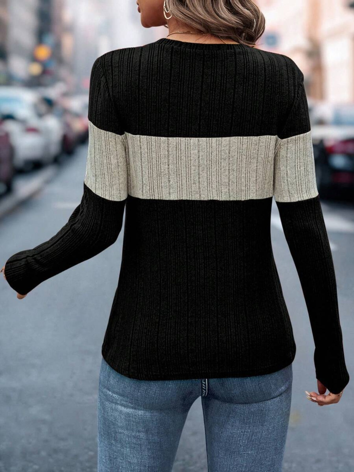 Color Block Round Neck Long Sleeve Top-Angel Casuals