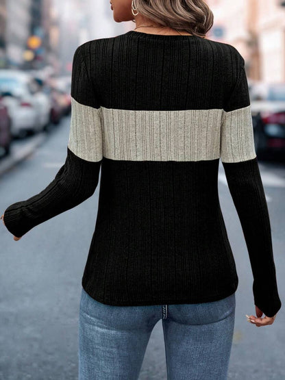 Color Block Round Neck Long Sleeve Top-Angel Casuals