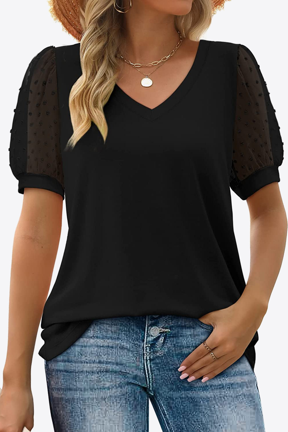 Swiss Dot Puff Sleeve V-Neck Tee-Angel Casuals