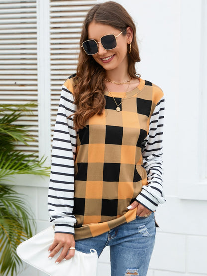Plaid Striped Round Neck Long Sleeve T-Shirt-Angel Casuals