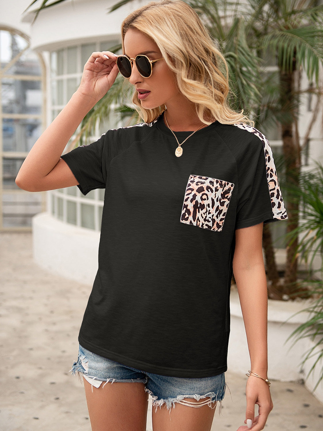 Pocketed Leopard Round Neck Short Sleeve T-Shirt-Angel Casuals