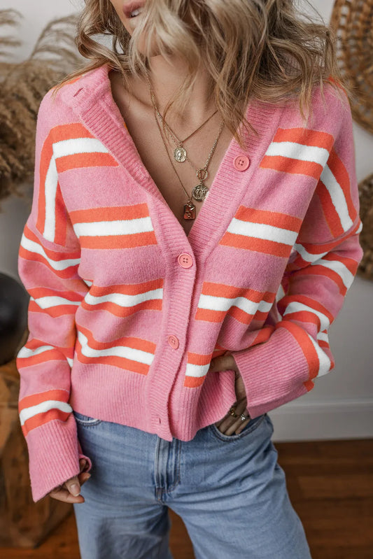 Striped Button Up Long Sleeve Cardigan-Angel Casuals