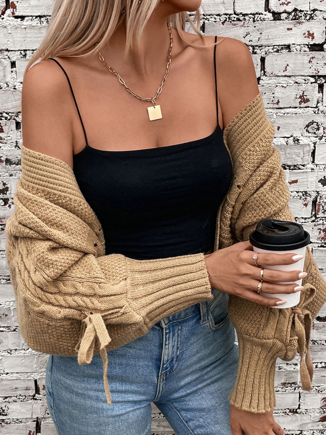 Cable-Knit Tied Open Front Lantern Sleeve Cardigan-Angel Casuals
