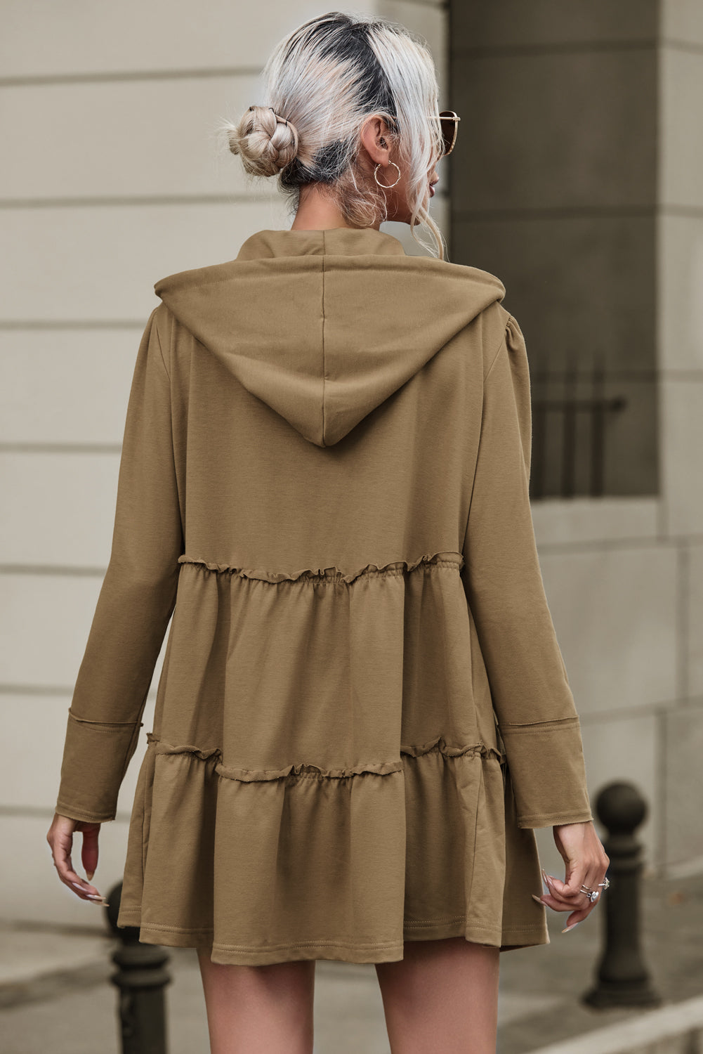 Zip Up Frill Drawstring Hooded Jacket-Angel Casuals