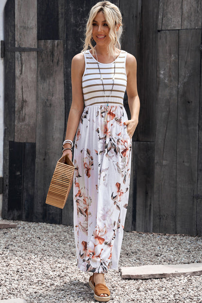 Striped Floral Round Neck Sleeveless Maxi Dress-Angel Casuals