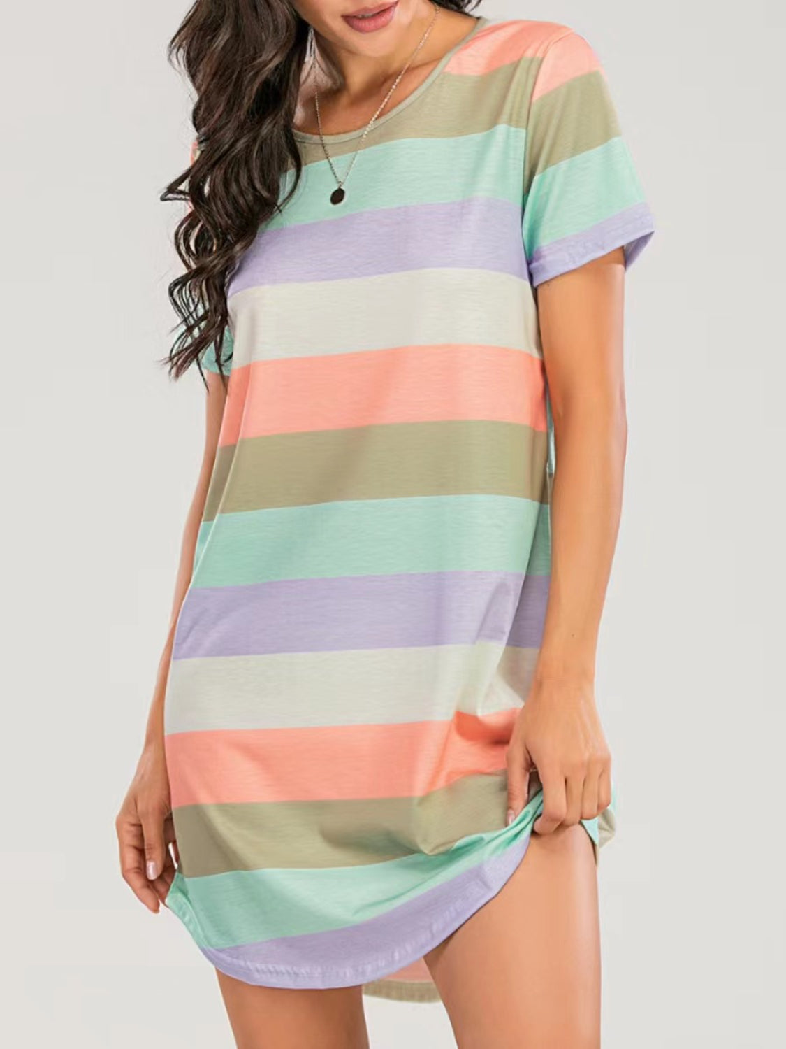 Striped Round Neck Short Sleeve Tee Dress-Angel Casuals