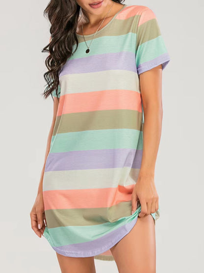 Striped Round Neck Short Sleeve Tee Dress-Angel Casuals