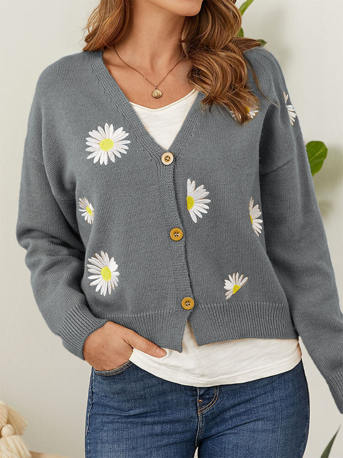 Flower Button Front Dropped Shoulder Cardigan-Angel Casuals