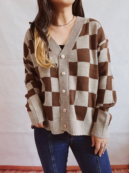 Checkered Open Front Button Up Cardigan-Angel Casuals