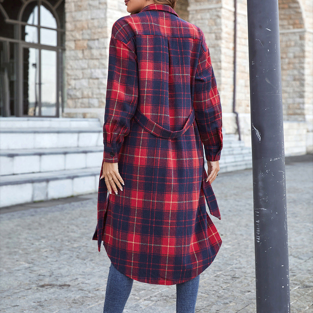 Plaid Belted Button Down Longline Shirt Jacket-Angel Casuals