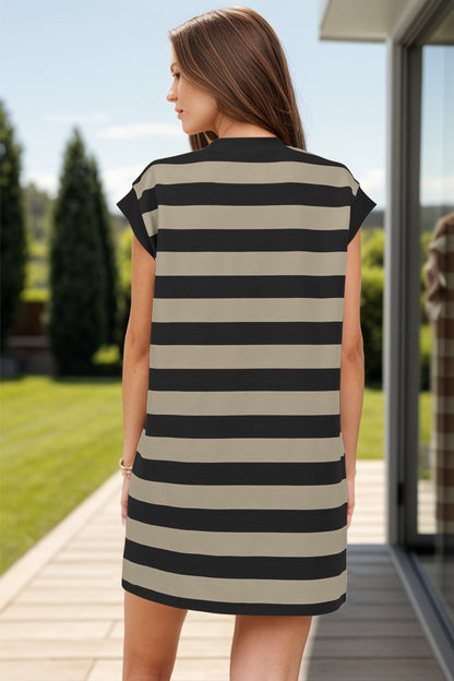 Striped Round Neck Cap Sleeve Mini Dress-Angel Casuals