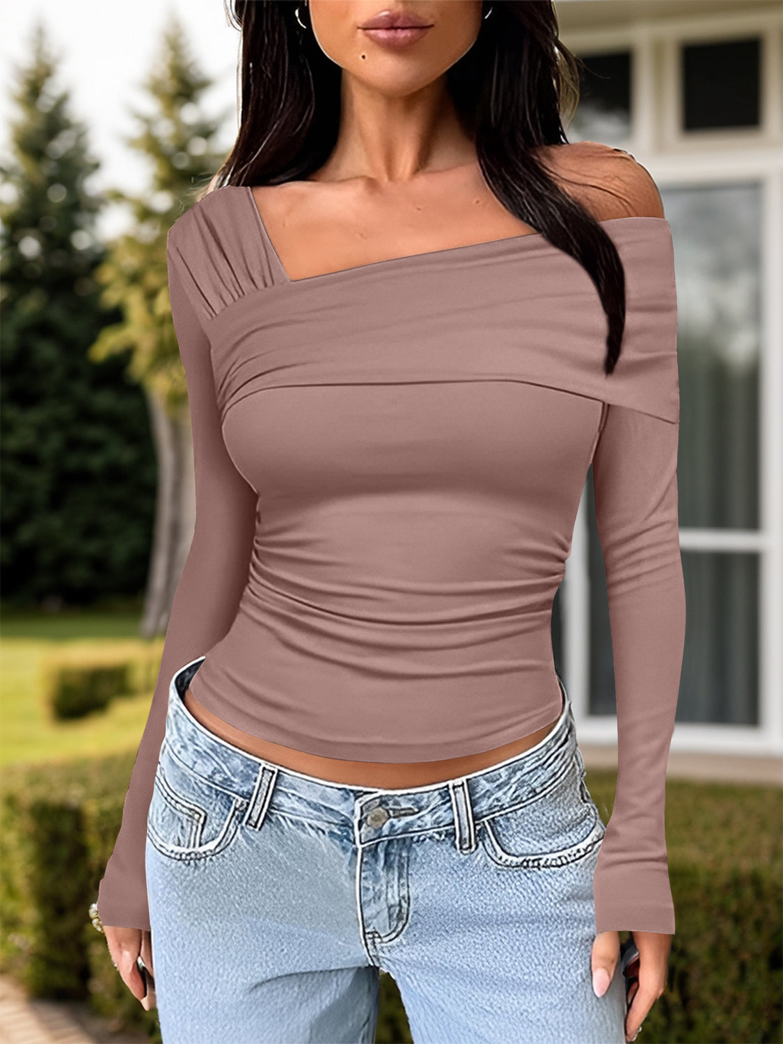 Ruched One Shoulder Long Sleeve T-Shirt-Angel Casuals