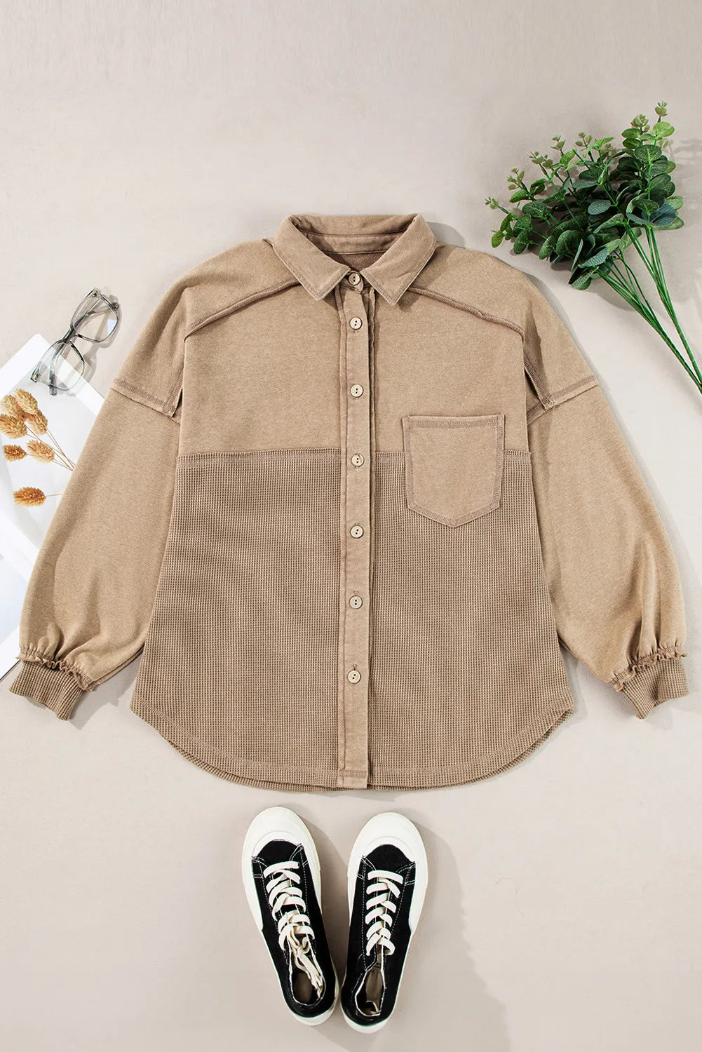 Waffle-Knit Collared Neck Long Sleeve Shacket-Angel Casuals