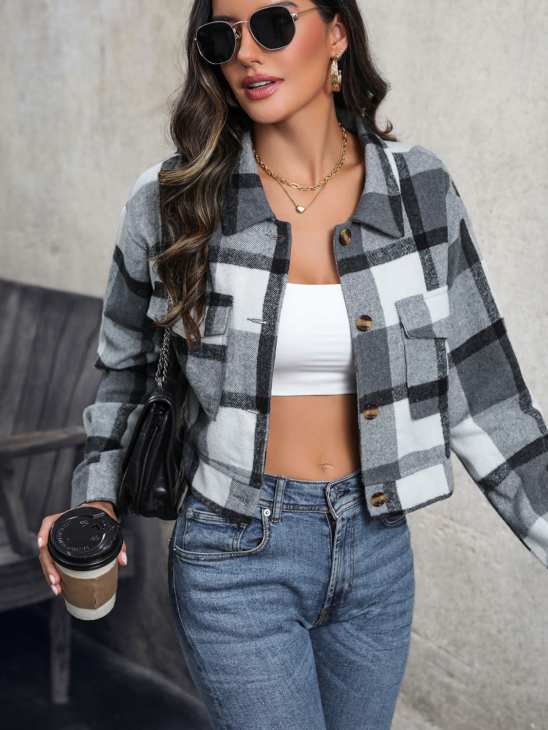 Perfee Plaid Button Up Drop Shoulder Cropped Jacket-Angel Casuals