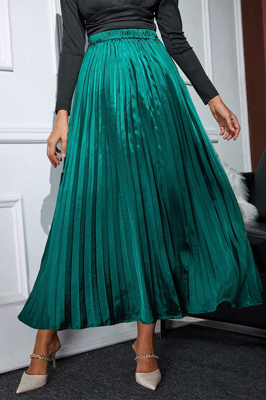 Pleated Elastic Waist Midi Skirt-Angel Casuals