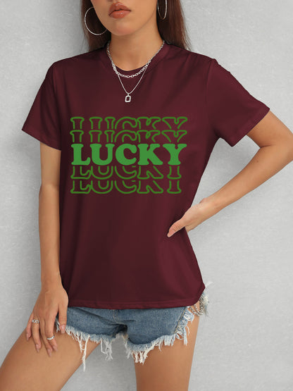 LUCKY Round Neck Short Sleeve T-Shirt-Angel Casuals