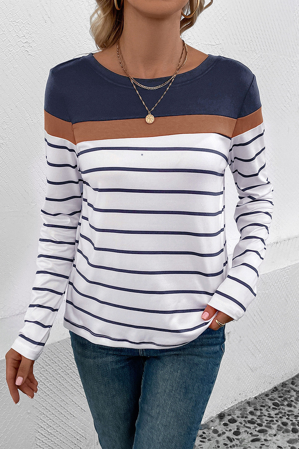 Striped Round Neck Long Sleeve T-Shirt-Angel Casuals