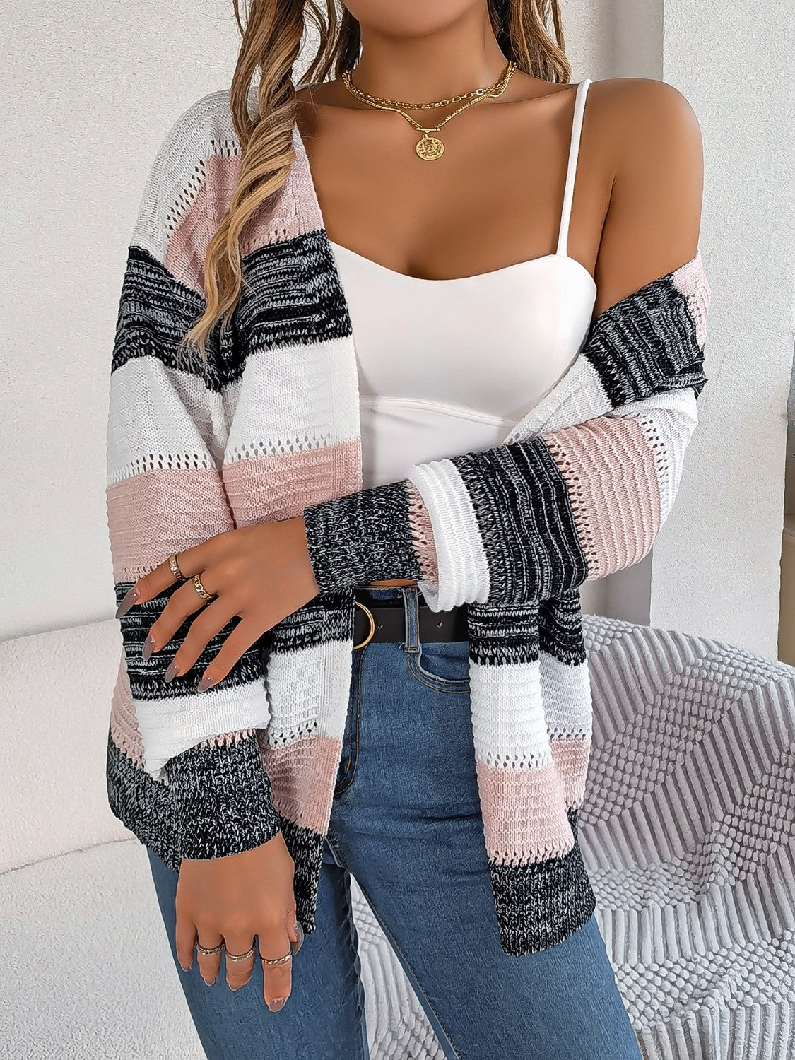 Openwork Striped Open Front Cardigan-Angel Casuals