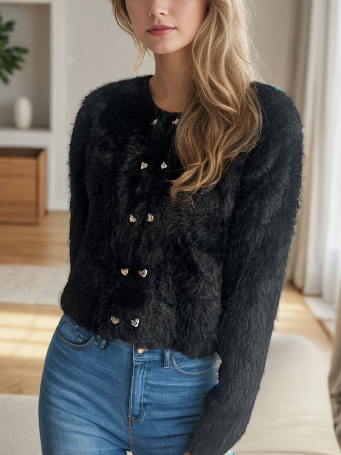 Heart Button Round Neck Cardigan-Angel Casuals