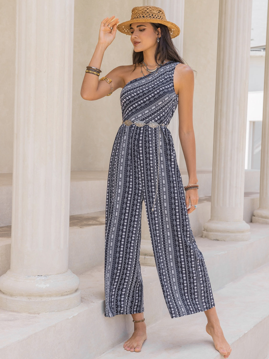 Printed Single Shoulder Sleeveless Jumpsuit-Angel Casuals