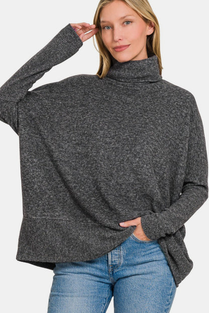 Zenana Full Size Brushed Melange Hacci Turtleneck Sweater-Angel Casuals