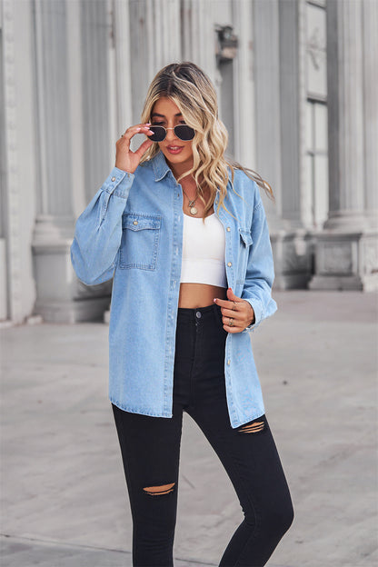 Collared Neck Dropped Shoulder Denim Top-Angel Casuals