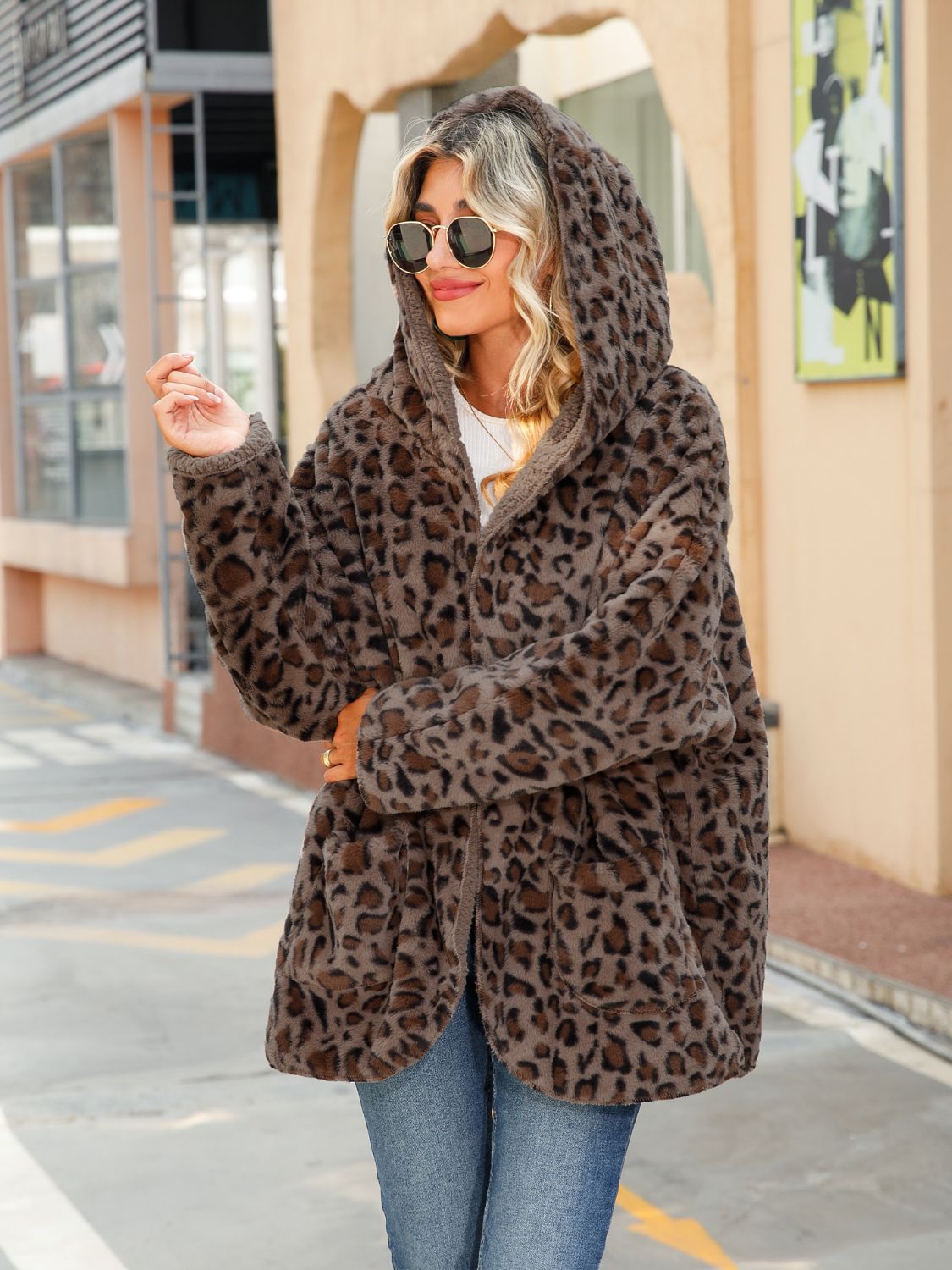 Leopard Hooded Coat with Pockets-Angel Casuals