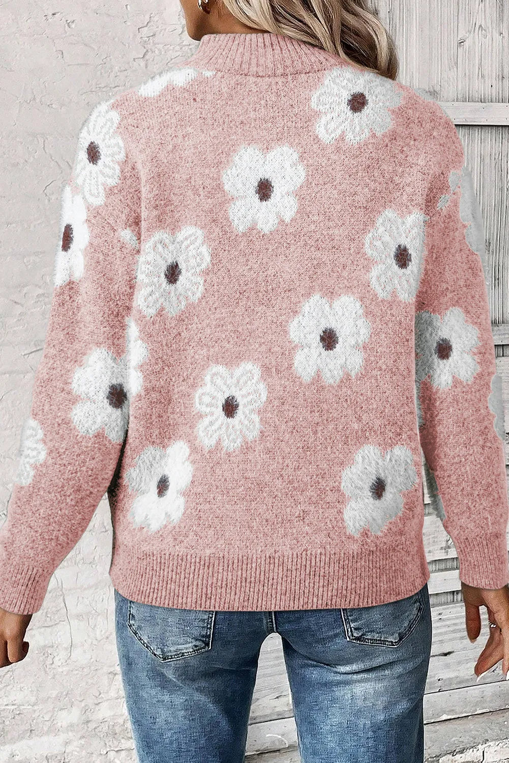 Flower Half Zip Long Sleeve Sweater-Angel Casuals