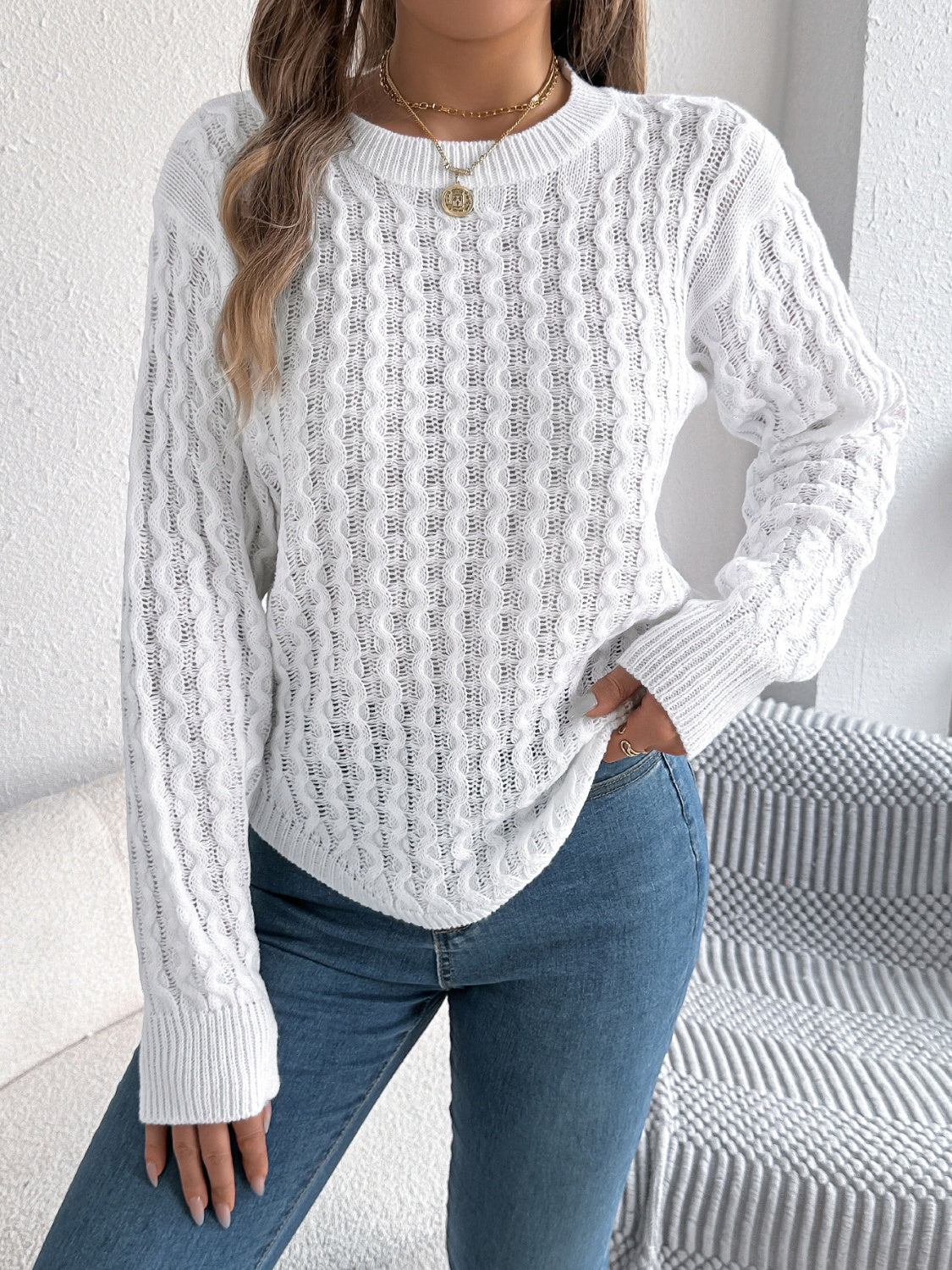 Asymmetric Hem Round Neck Long Sleeve Sweater-Angel Casuals