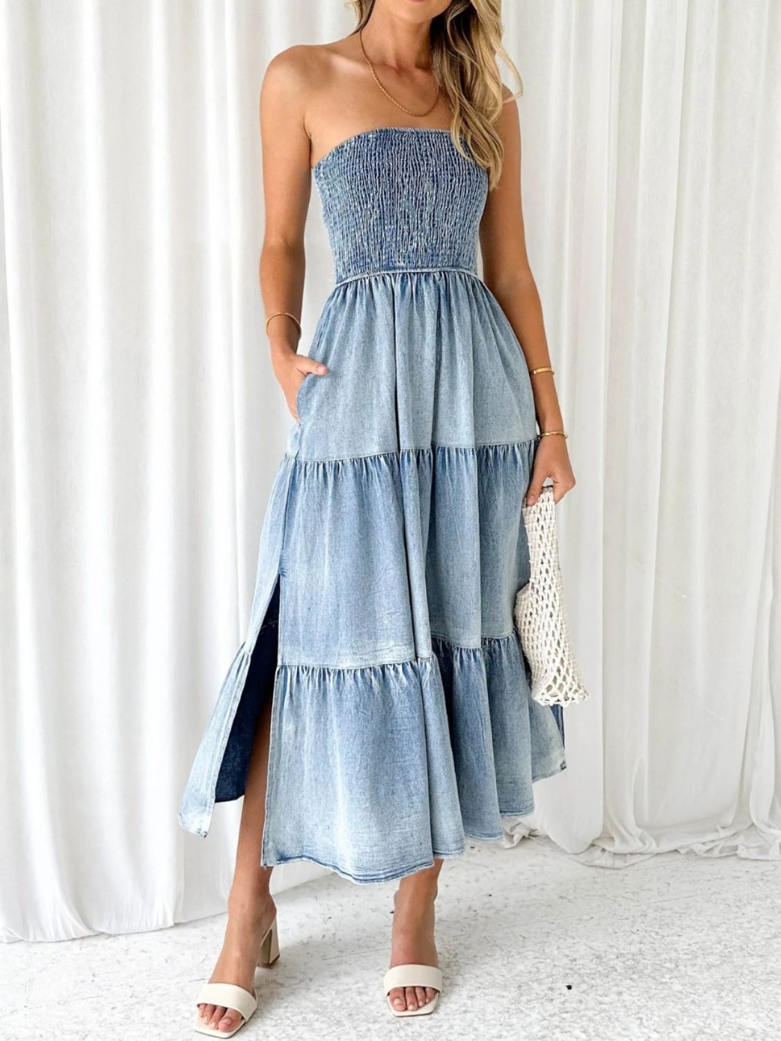 Slit Smocked Tube Tiered Denim Dress-Angel Casuals