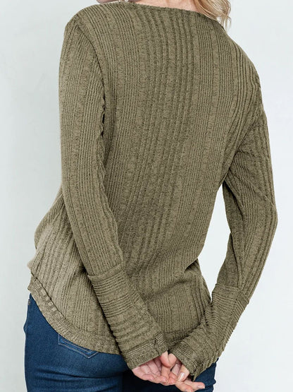Textured V-Neck Long Sleeve T-Shirt-Angel Casuals