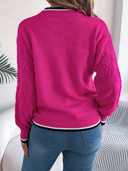 Contrast Trim Round Neck Long Sleeve Sweater-Angel Casuals