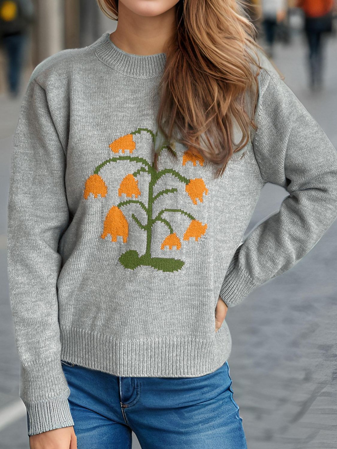 Plant Round Neck Long Sleeve Sweater-Angel Casuals