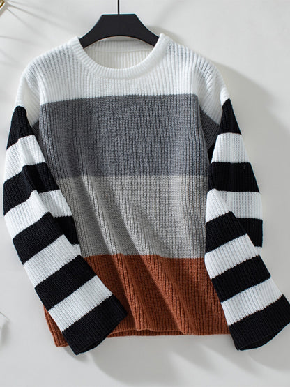 Color Block Round Neck Long Sleeve Sweater-Angel Casuals