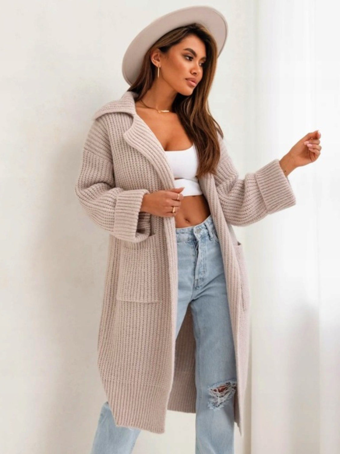 Pocketed Collared Neck Dropped Shoulder Cardigan-Angel Casuals