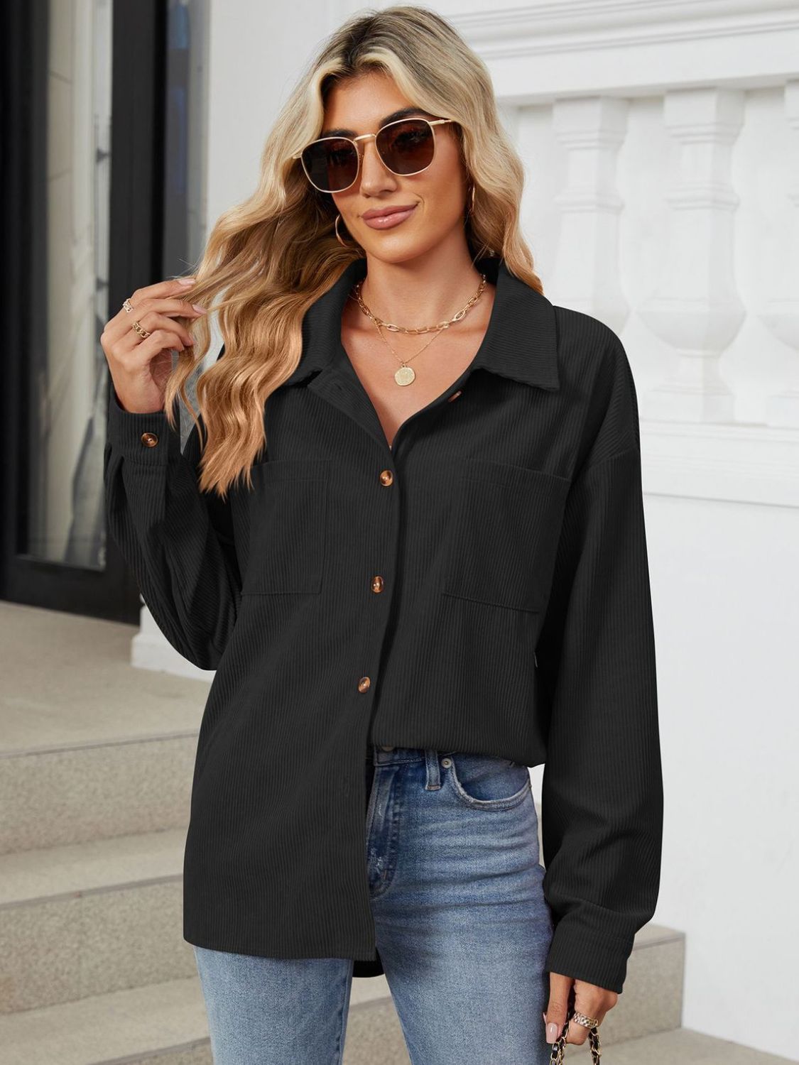 Button Up Dropped Shoulder Long Sleeve Outerwear-Angel Casuals