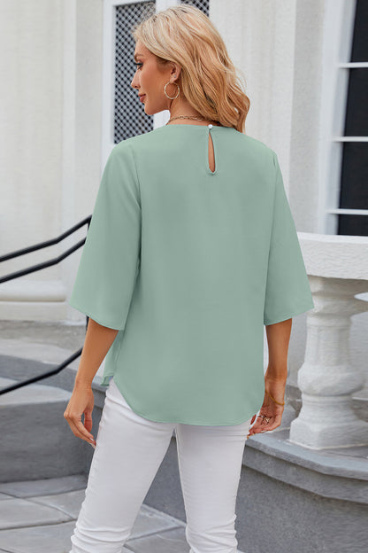 Round Neck Slit Half Sleeve Top-Angel Casuals